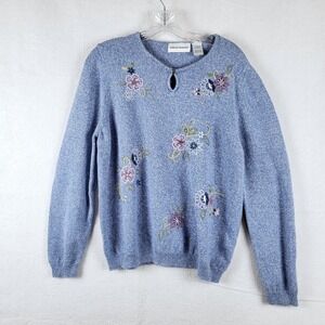 Alfred Dunner Womens Blue Floral Embroidered Beaded Marled Sweater Large